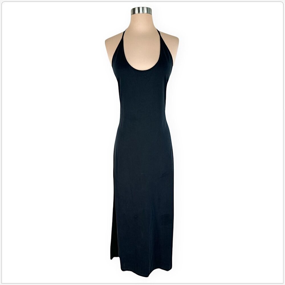 Club Monaco Long Black Sandwash Knit Maxi Stretch Open Back Dress NWT New M - Picture 2 of 5
